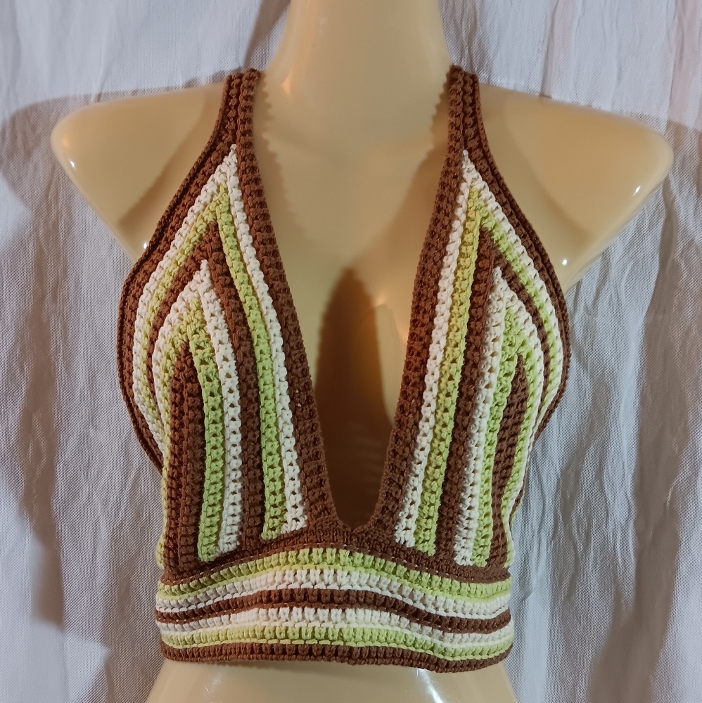 Beige Botany Womens M/L Crochet Halter Top Crop Deep V-neck Green Brown Festival